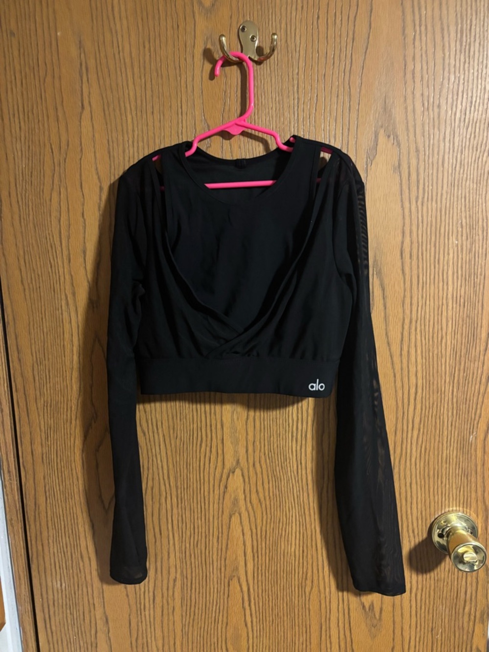 ALO Yoga Black Mesh-Sleeve Cropped Wrap Top